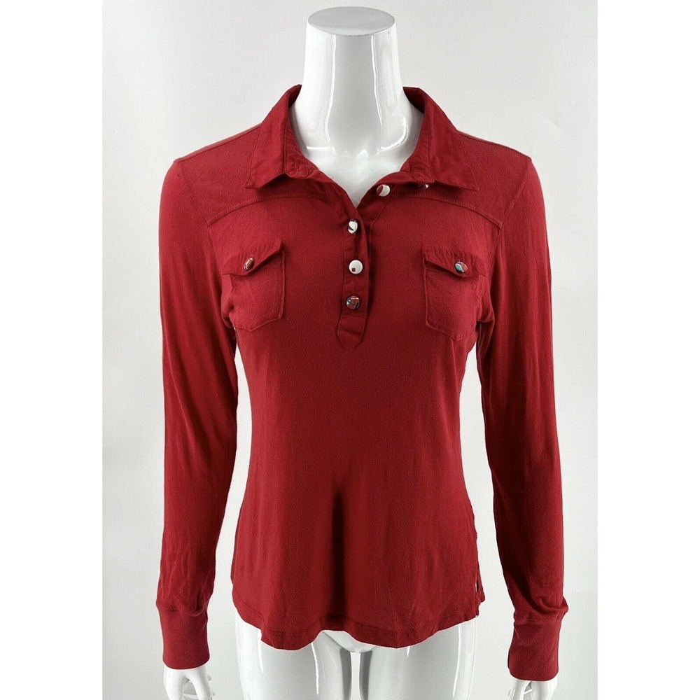 Puella Anthropologie Top Sz Medium Red Collared Cotton Long Sleeve Shirt Womens